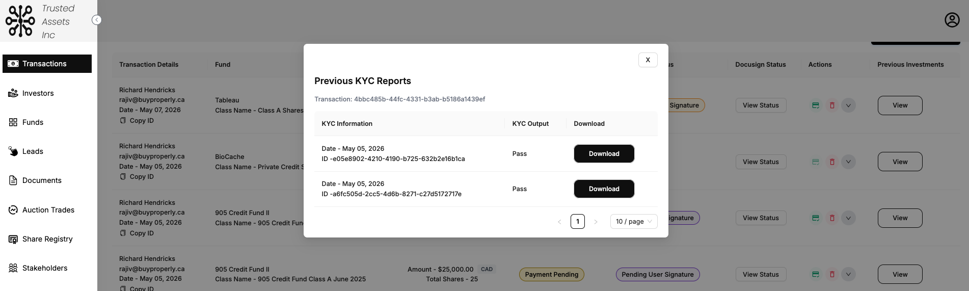 Previous KYC Reports modal showing every retained KYC report for an investor transaction, each individually timestamped, ID-stamped, and downloadable
